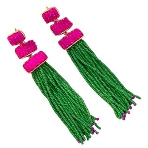 Pink and Green Beaded Tassel Earrings
